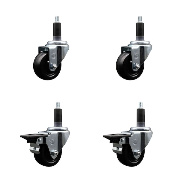 3'' Hard Rubber Wheel Swivel 1-1/8'' Expand Stem Caster Set 2 Brakes, 4PK